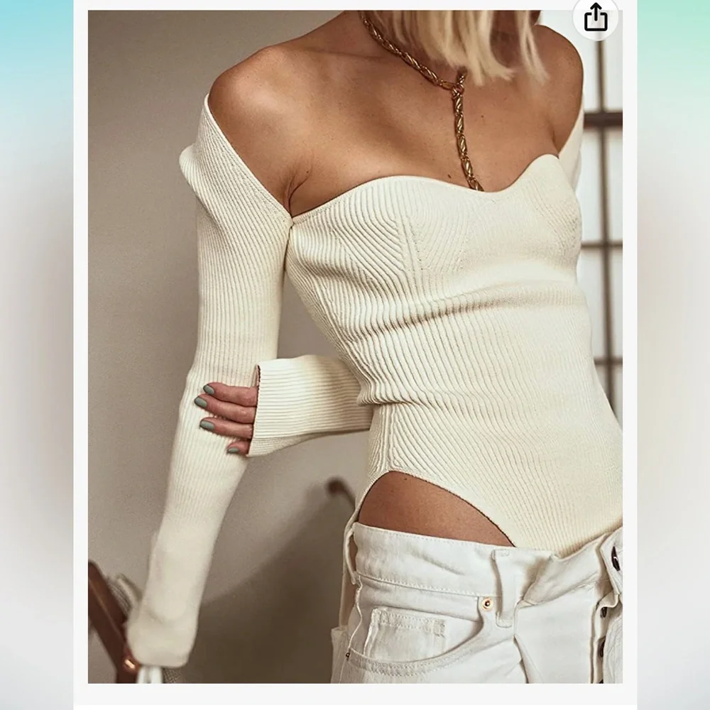 White Square Neck Ribbed Knitted Long Sleeve Sweater NWT - Picture 4 of 7